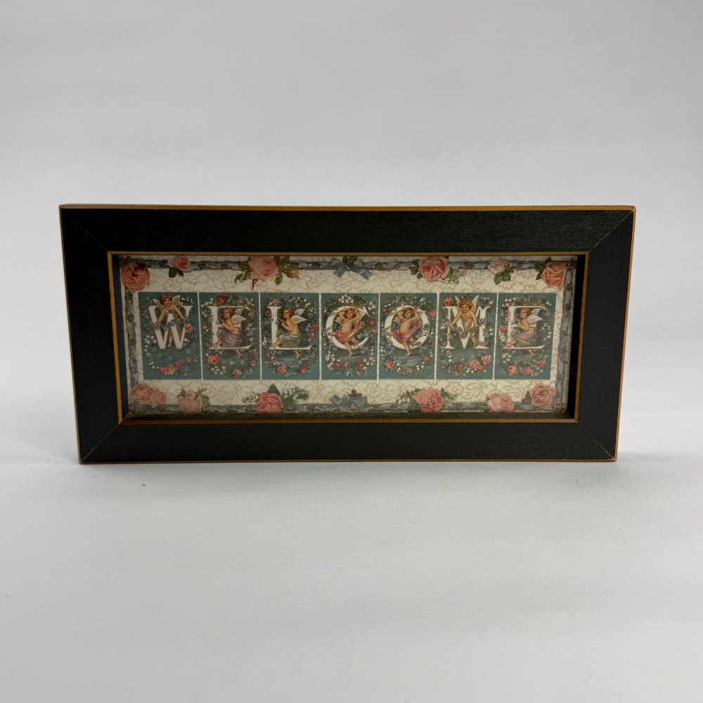 Vintage Victorian Style Welcome Sign Framed Cherub Angel Floral Wall Art Decor